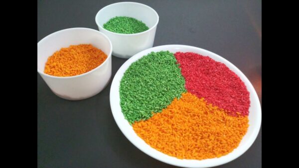 Pure Dirghaanshi Pooja special Colourful (Lal/Red, Hara/Green, Pila/Yellow) Akshat/Rice/Chawal (Pack of 300 GM) ? Natural Herbal & Spiritual Product ? Natural Herbal & Spiritual Product